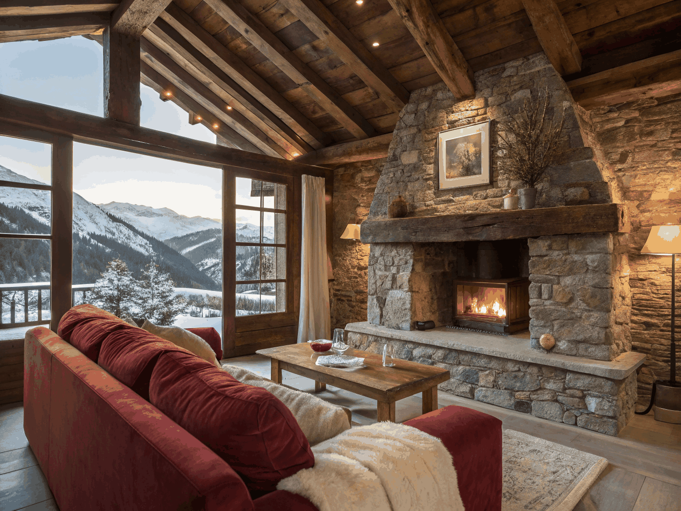 Aspen Mountain Retreat featuring cedar timber framing and stone fireplace