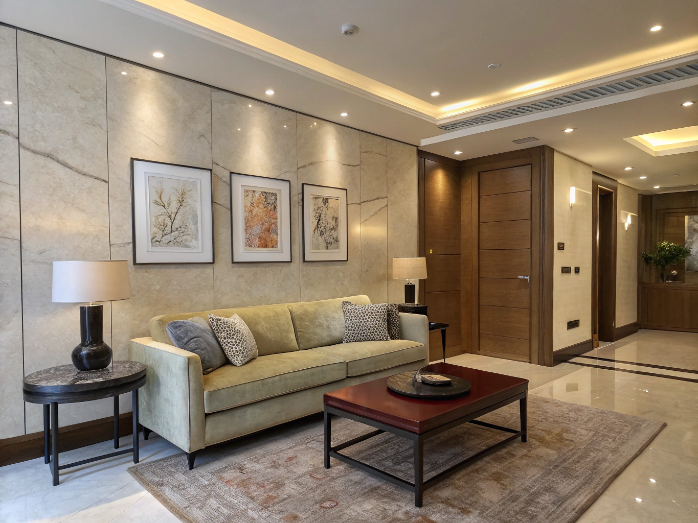 Beverly Hills residence salon with velvet upholstery and wool rug