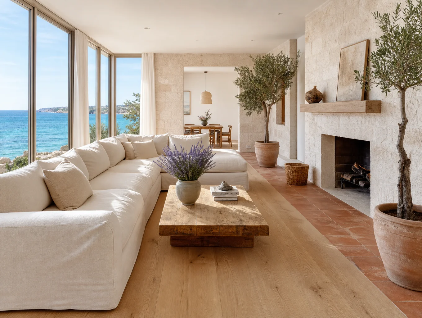 Montecito Coastal Villa interior with Venetian plaster walls and fireplace