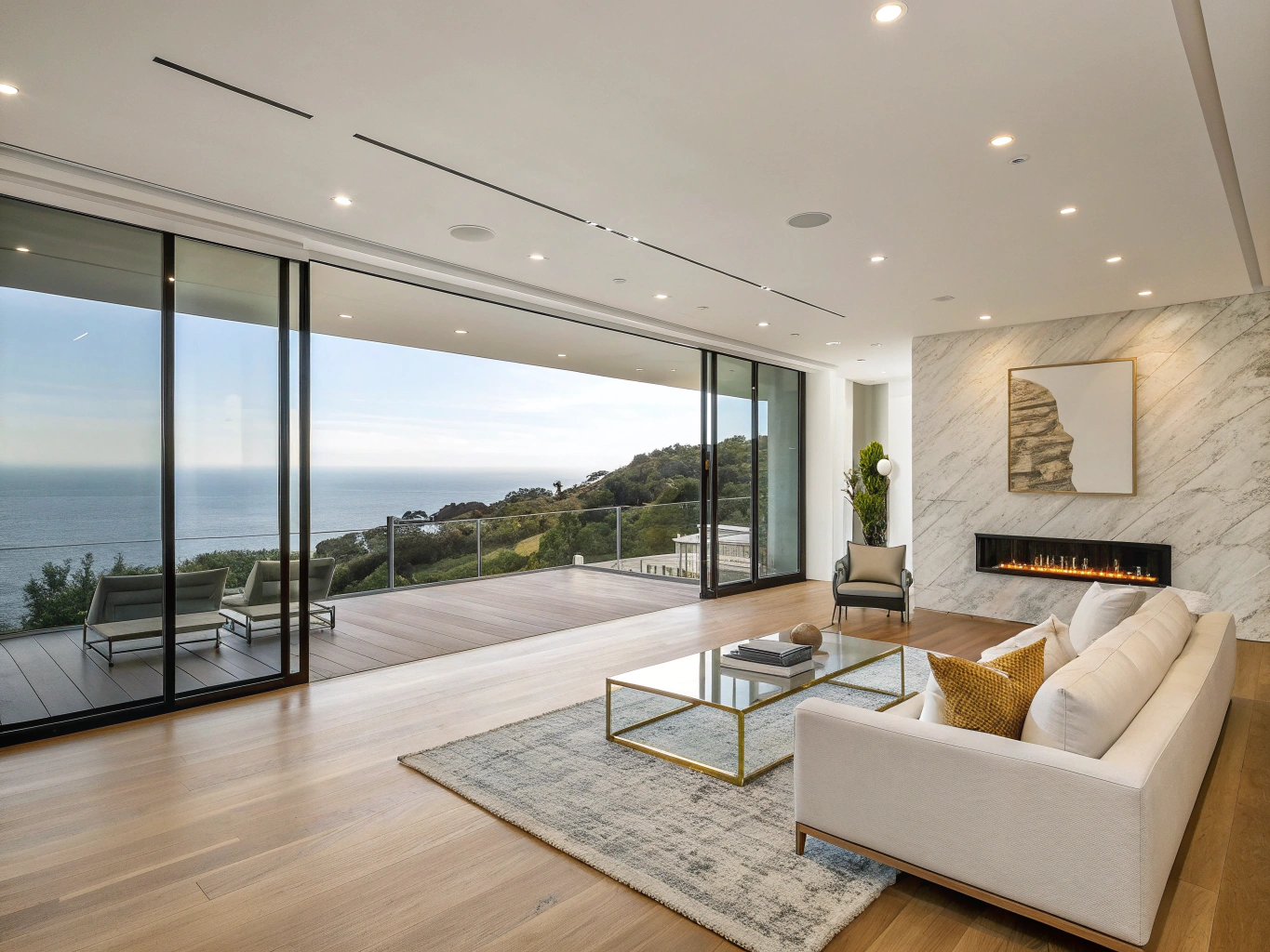 Pacific Palisades penthouse living room with custom leather seating