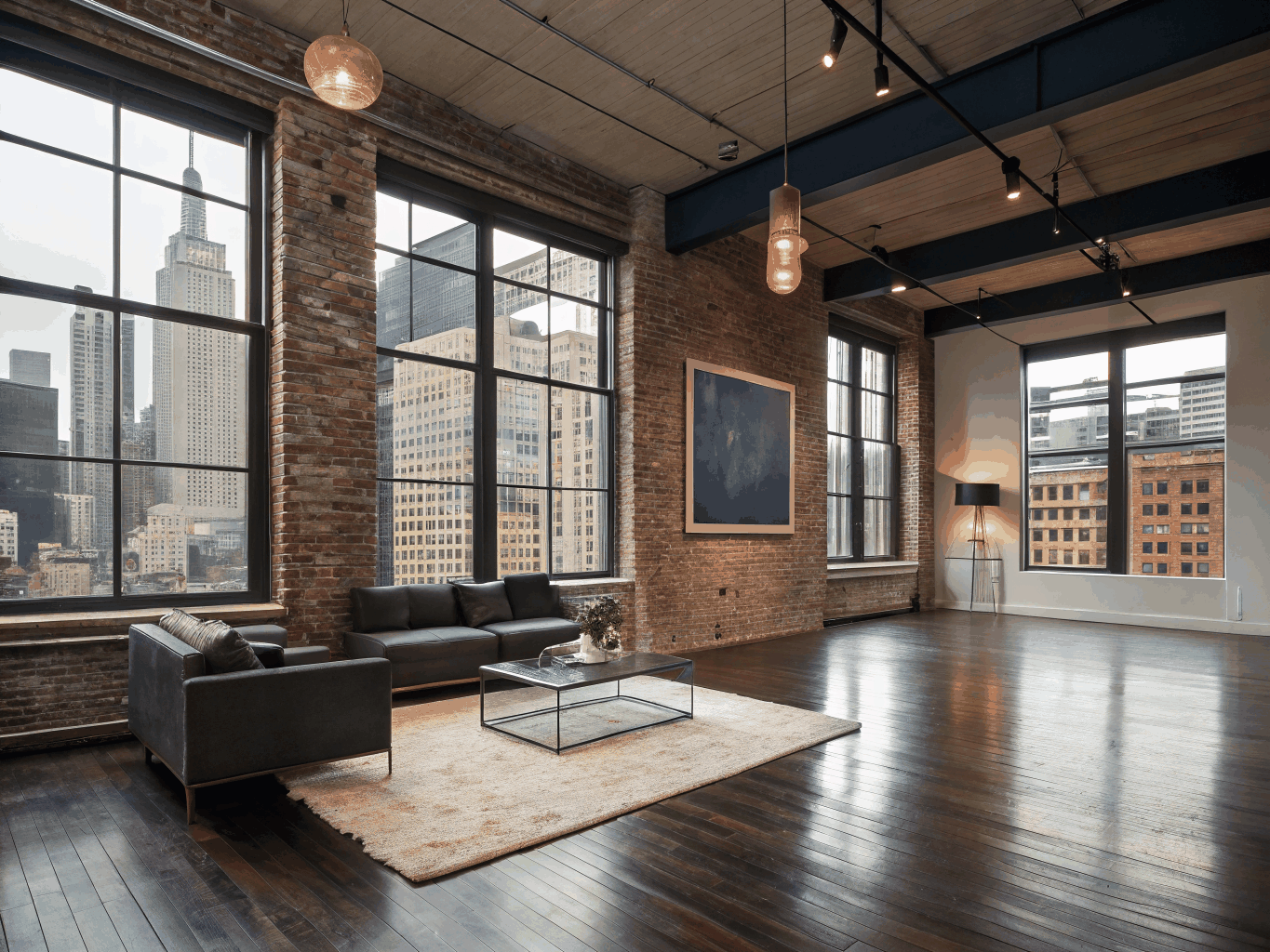 Tribeca Modern Loft living space with curated art and warm architectural textures